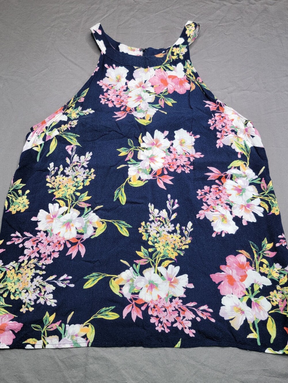Rose & Thyme Navy Floral Halter Tank Top - Pink & White Bloom Print, Size Small